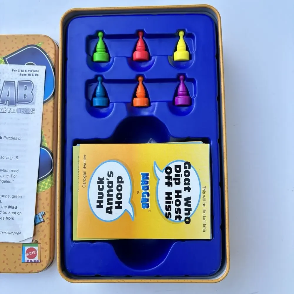 Mad Gab Game Tin COMPLETE Mattel 2004 Travel Party Game Words Humor